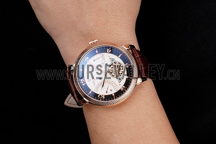 Patek Philippe Classic Tourbillon Power Reserve Black And White Dial Rose Gold Case Brown Leather Strap