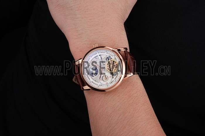 Patek Philippe Dual Time Moonphase Tourbillon White Skeletonised Dial Rose Gold Case Brown Leather Strap