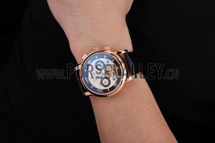 Patek Philippe Perpetual Calendar Tourbillon Two Tone Dial Rose Gold Case Black Leather Strap