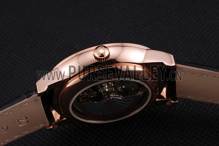 Omega De Ville Prestige Co-Axial Black Dial Rose Gold Diamond Case Black Leather Strap Roman Numeral
