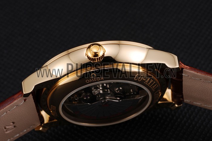 Omega De Ville Prestige Co-Axial White Dial Gold Case Brown Leather Strap Roman Numeral