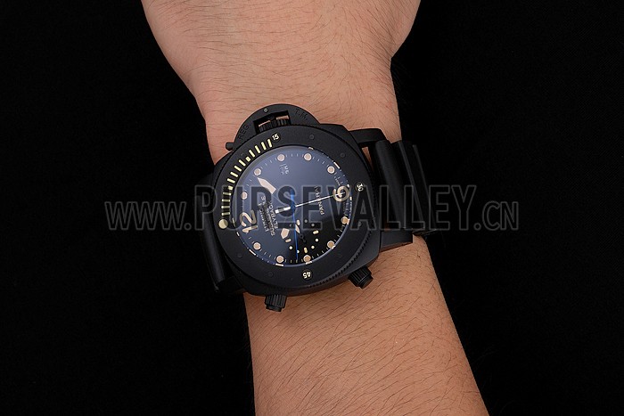 Panerai Luminor Submersible Flyback Date Black Dial Yellow Markings Black Ionized Case Black Rubber Strap