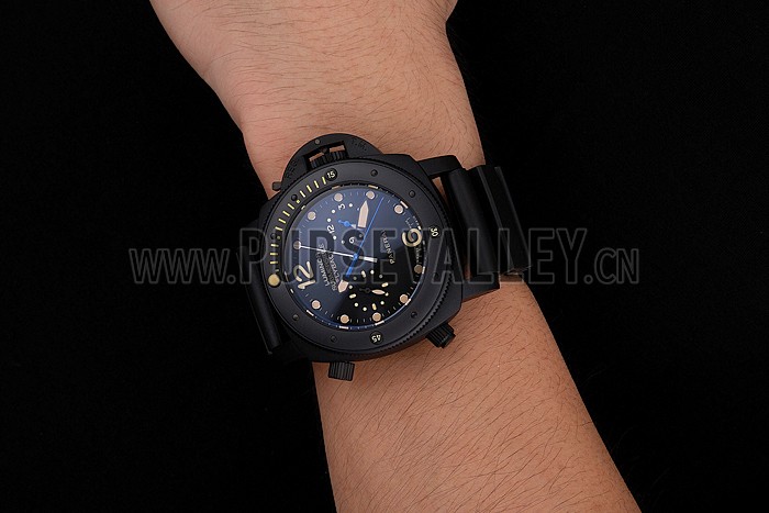 Panerai Luminor Submersible Flyback GMT Black Dial Yellow Markings Black Ionized Case Black Rubber Strap