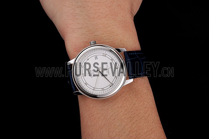 Omega De Ville Prestige White Dial Stainless Steel Case Blue Leather Strap
