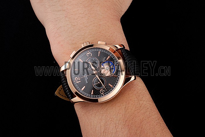 Patek Philippe Chronograph Black Guilloche Dial Rose Gold Case Black Leather Strap