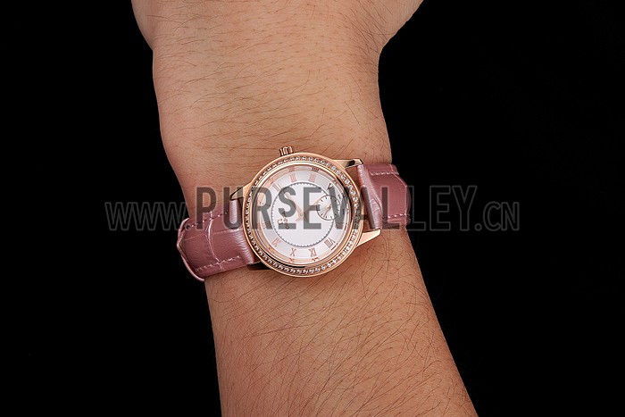Omega De Ville Prestige Small Seconds White Dial Diamond Bezel Rose Gold Case Pink Leather Strap
