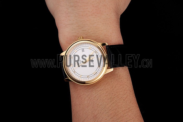 Omega De Ville Prestige White Dial Gold Case Black Leather Strap