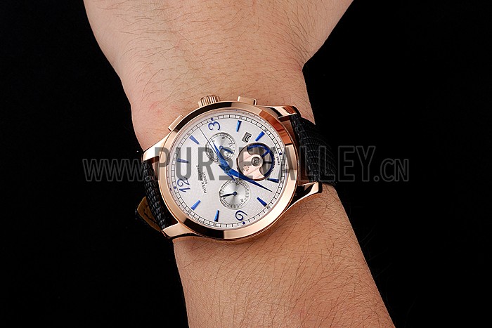 Patek Philippe Chronograph White Guilloche Dial Rose Gold Case Black Leather Strap
