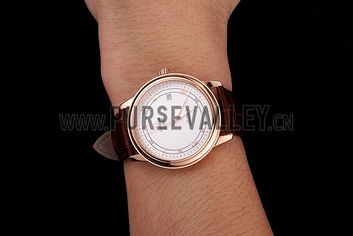 Omega De Ville Prestige White Dial Rose Gold Case Brown Leather Strap
