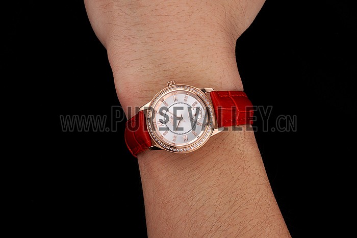 Omega De Ville Prestige Small Seconds White Dial Diamond Bezel Rose Gold Case Red Leather Strap