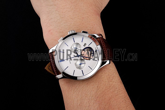 Patek Philippe Chronograph White Dial Blue Hands Stainless Steel Case Brown Leather Strap