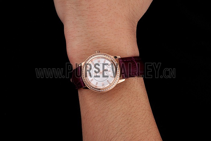 Omega De Ville Prestige Small Seconds White Dial Diamond Bezel Rose Gold Case Purple Leather Strap