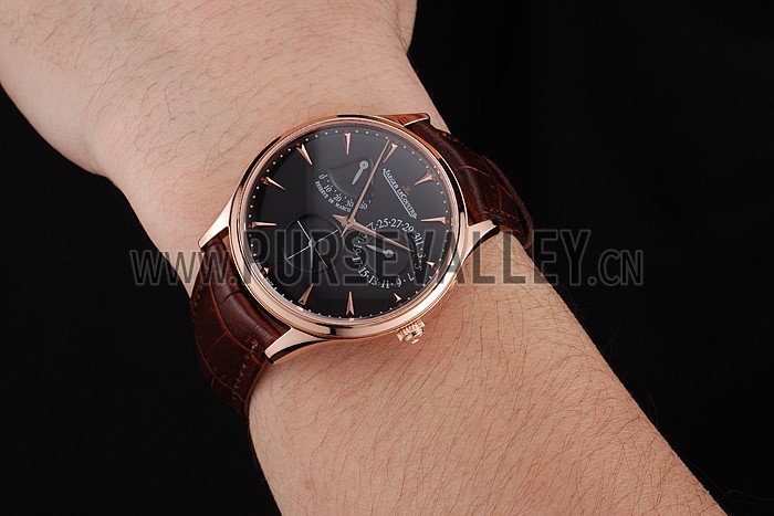 Swiss Jaeger LeCoultre Master Ultra Thin Reserve De Marche Black Dial Rose Gold Case Brown Leather Strap