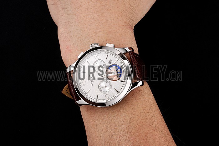 Patek Philippe Chronograph White Guilloche Dial Stainless Steel Case Brown Leather Strap