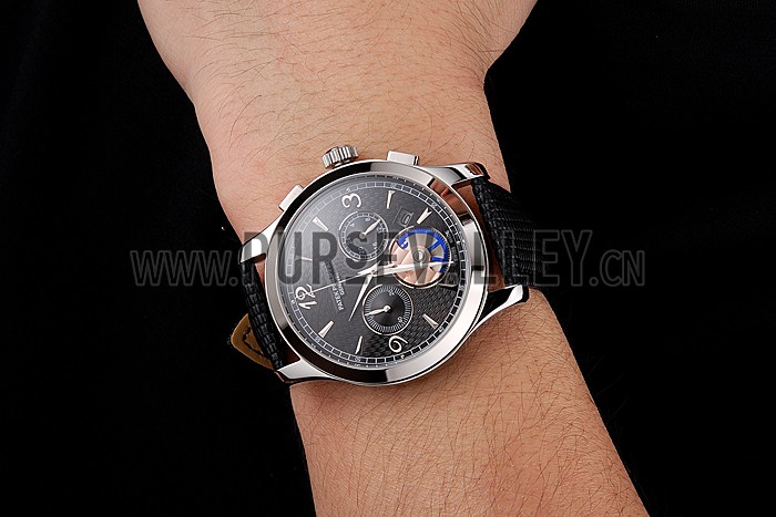 Patek Philippe Chronograph Black Guilloche Dial Stainless Steel Case Black Leather Strap