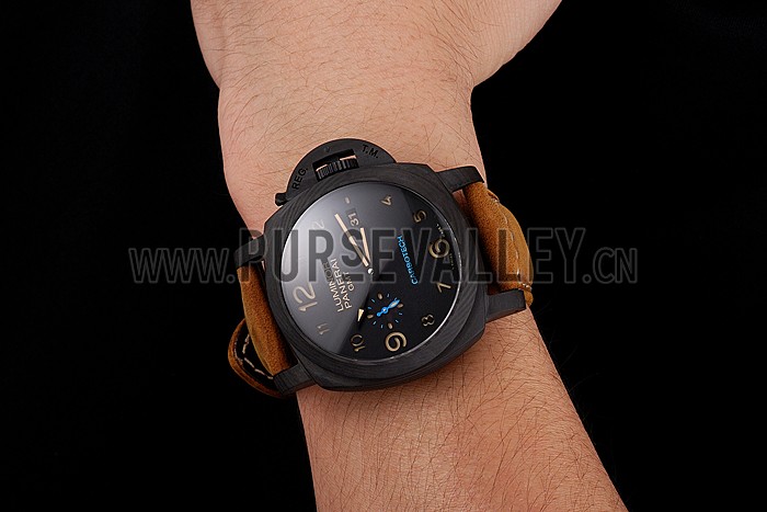 Swiss Panerai Luminor GMT Carbotech Black Dial Black Case Brown Leather Strap