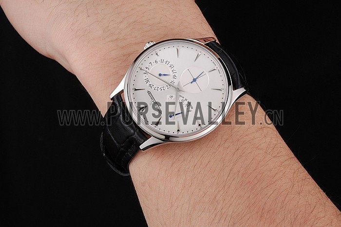 Swiss Jaeger LeCoultre Master Ultra Thin Reserve De Marche White Dial Stainless Steel Case Black Leather Strap