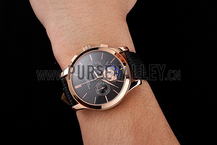 Patek Philippe Chronograph Black Dial Rose Gold Case Black Leather Strap