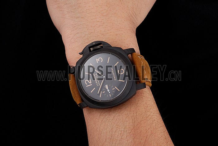 Swiss Panerai Luminor Marina Black Dial Black Case Brown Leather Strap