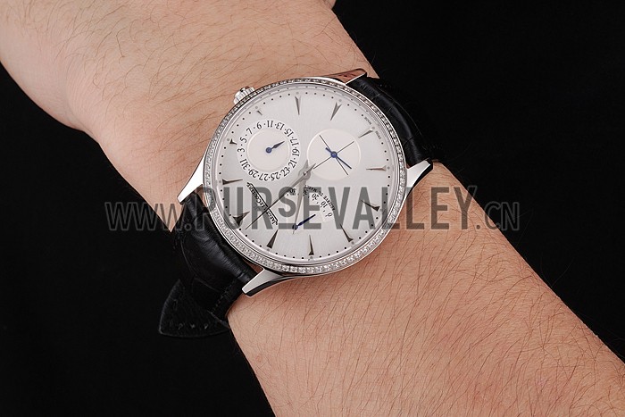 Swiss Jaeger LeCoultre Master Ultra Thin Reserve De Marche White Dial Diamond Bezel Stainless Steel Case Black Leather Strap
