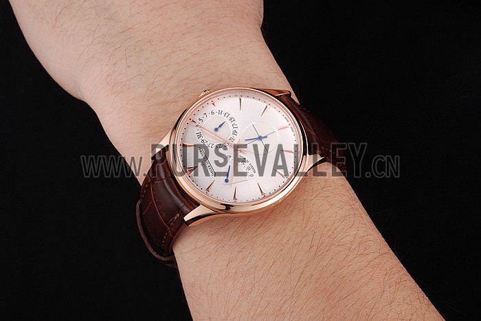 Swiss Jaeger LeCoultre Master Ultra Thin Reserve De Marche Silver Dial Rose Gold Case Brown Leather Strap