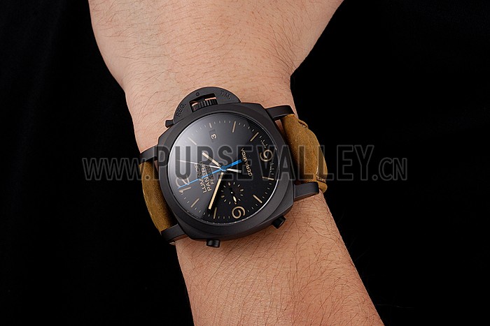 Swiss Panerai Luminor Ceramica Flyback Chronograph Black Dial Black Case Brown Leather Strap
