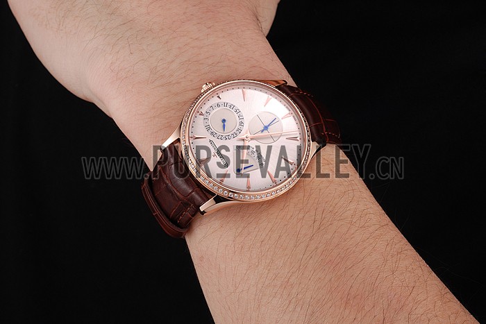 Swiss Jaeger LeCoultre Master Ultra Thin Reserve De Marche Silver Dial Diamond Bezel Rose Gold Case Brown Leather Strap