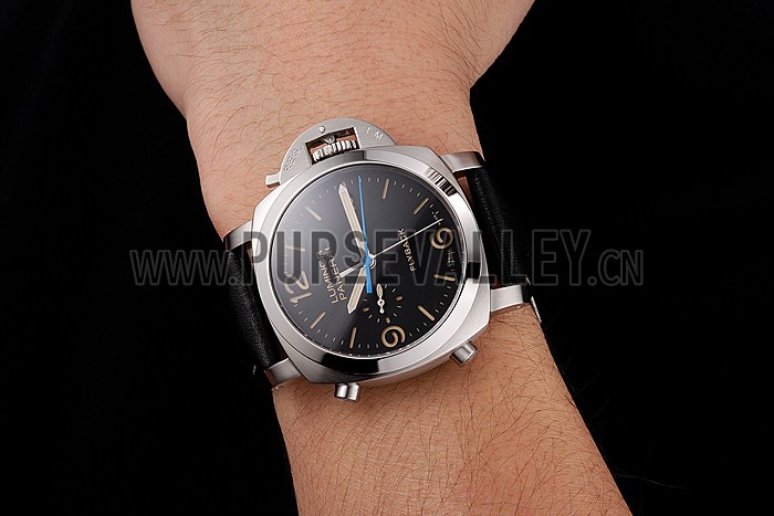 Swiss Panerai Luminor Flyback Chronograph Black Dial Stainless Steel Case Black Leather Strap