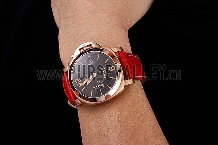 Swiss Panerai Luminor Marina Black Dial Rose Gold Case Red Leather Strap