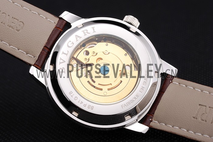 Bvlgari Novelties White Dial Silver Case Brown Leather Strap