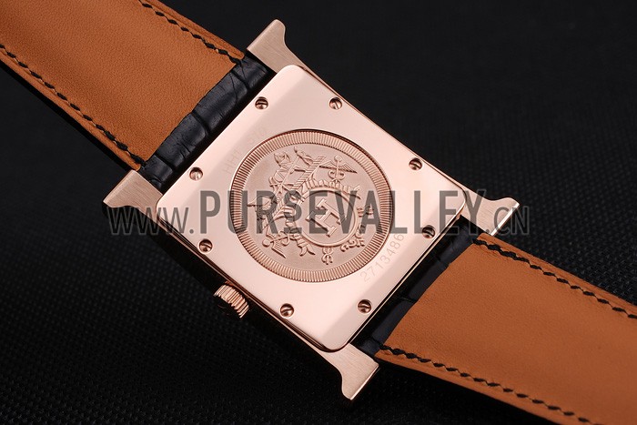 Hermes Heure H White Dial Gold Case Black Leather Strap