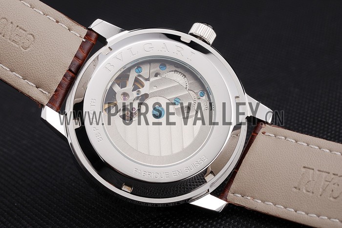 Bvlgari Tourbillon White Dial Silver Case Brown Leather Strap