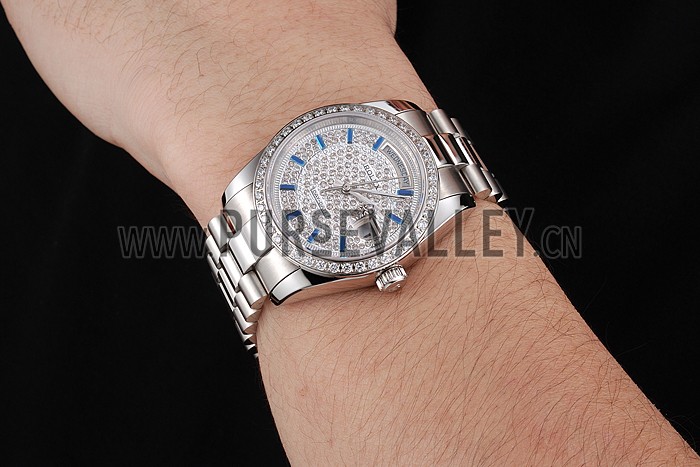 Swiss Rolex Day Date Diamond Pave Dial And Bezel Stainless Steel Case And Bracelet