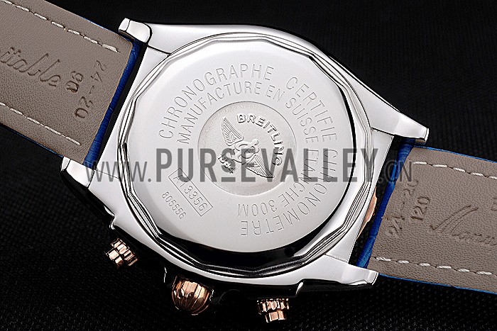 Breitling Chronomat Blue Dial Rose Gold Bezel And Subdials Stainless Steel Case Blue Leather Strap