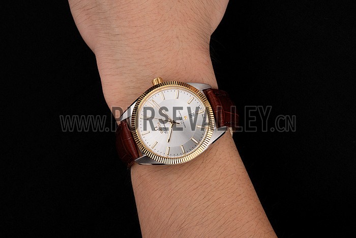 Omega Globemaster Silver Dial Gold Bezel Stainless Steel Case Brown Leather Strap