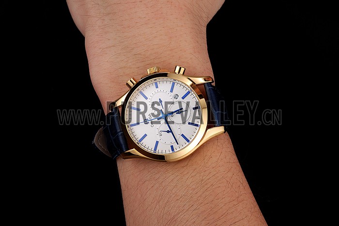 Omega Chronograph White Dial Gold Case Blue Leather Strap