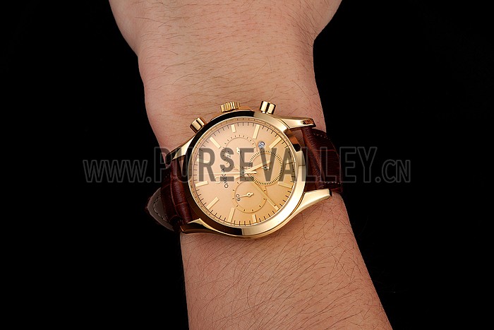 Omega Chronograph Gold Dial Gold Case Brown Leather Strap