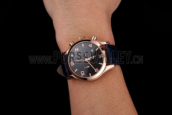 Omega Chronograph Black Dial Rose Gold Case Blue Leather Strap