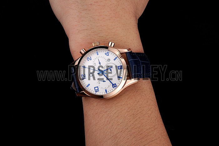 Omega Chronograph White Dial Rose Gold Case Blue Leather Strap