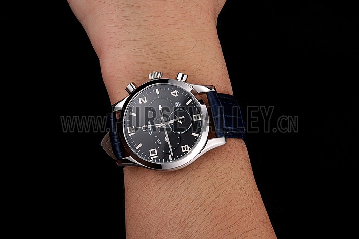 Omega Chronograph Black Dial Stainless Steel Case Blue Leather Strap