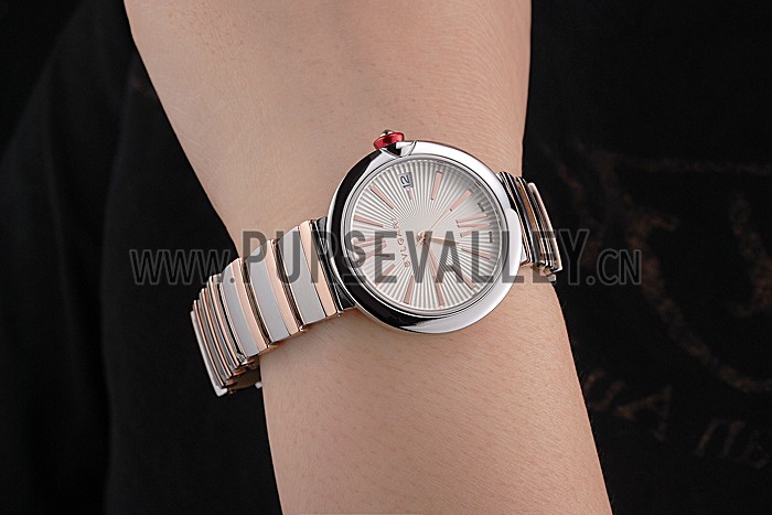 Bvlgari Lvcea White Dial Rose Gold Numerals Stainless Steel Case Two Tone Bracelet