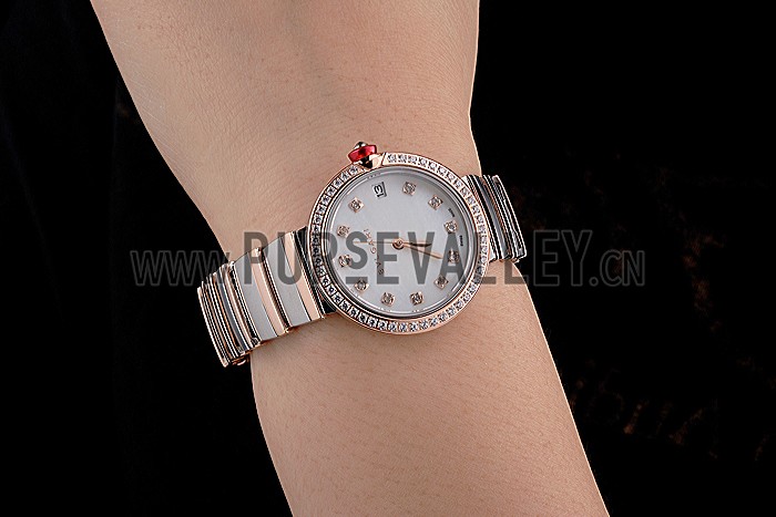 Bvlgari Lvcea White Dial Diamond Hour Markings Rose Gold Case With Diamonds Two Tone Bracelet