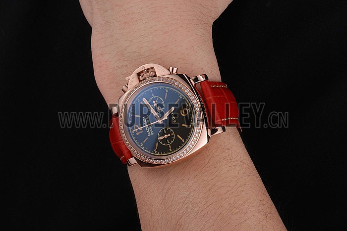 Panerai Radiomir 8 Days Chronograph Black Dial Diamond Bezel Rose Gold Case Red Leather Strap 1453797