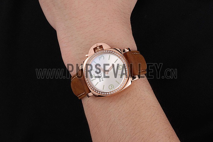 Panerai Radiomir White Dial Diamond Bezel Rose Gold Case Brown Suede Leather Strap 1453799