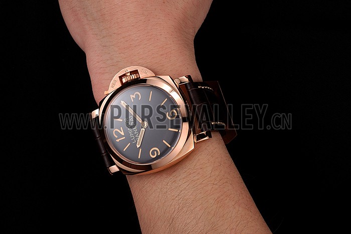 Swiss Panerai Luminor Black Dial Rose Gold Case Brown Leather Strap 1453842