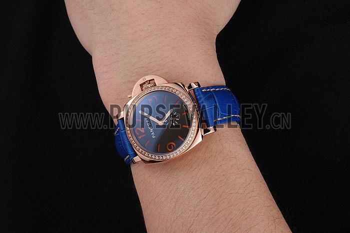Panerai Radiomir Black Dial Diamond Bezel Rose Gold Case Blue Leather Strap 1453800