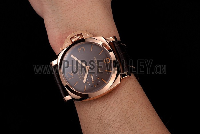 Swiss Panerai Luminor Marina Brown Dial Rose Gold Case Brown Leather Strap 1453843