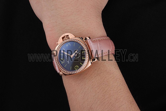 Panerai Radiomir Black Dial Diamond Bezel Rose Gold Case Pink Leather Strap 1453801