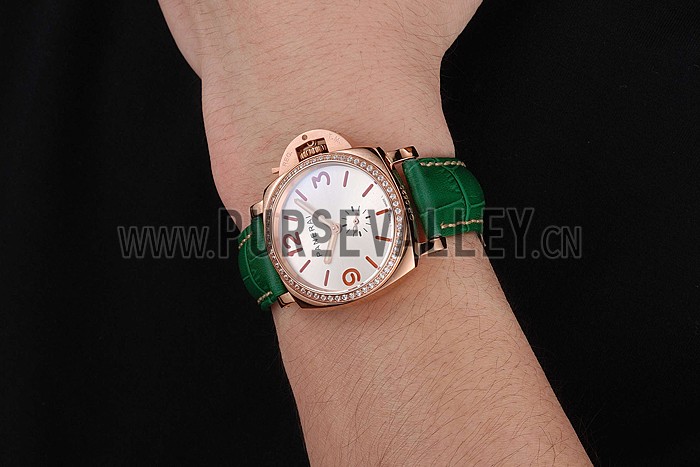 Panerai Radiomir White Dial Diamond Bezel Rose Gold Case Green Leather Strap 1453803