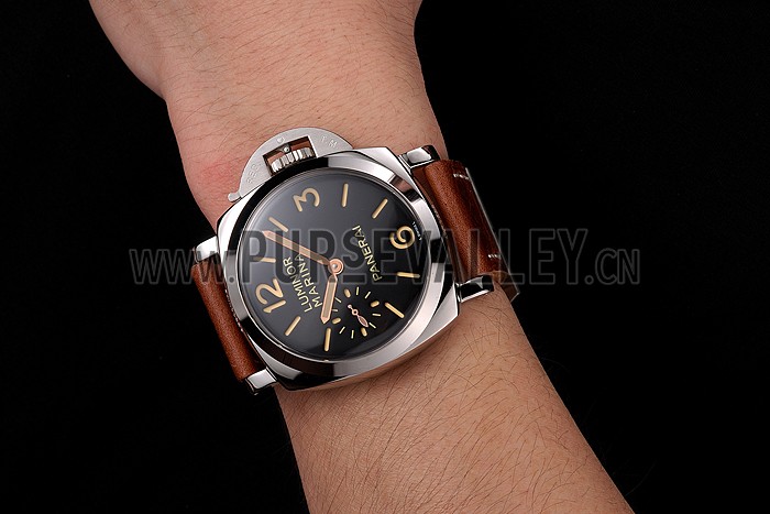Swiss Panerai Luminor Marina Black Dial Stainless Steel Case Brown Leather Strap 1453852